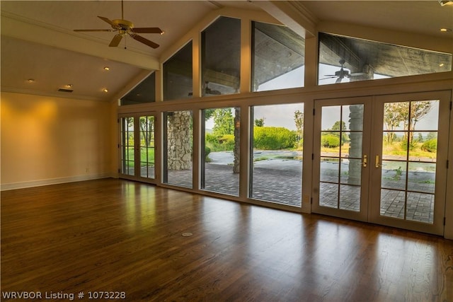 doorway with hardwood / wood-style flooring, ceiling fan, and french doors