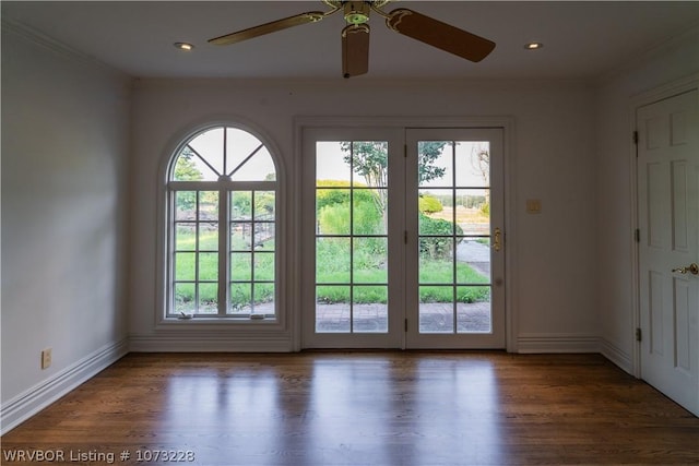 doorway to outside with plenty of natural light, ceiling fan, and dark hardwood / wood-style floors