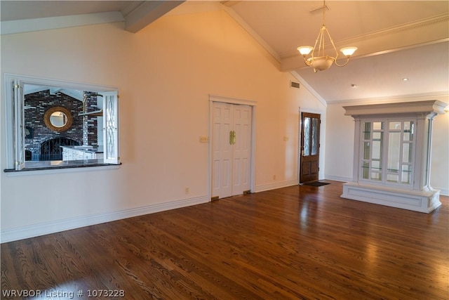 unfurnished living room with beam ceiling, dark hardwood / wood-style flooring, high vaulted ceiling, and a chandelier