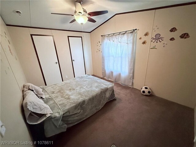 205 Lee Ordner, Panama, OK 74951 - bedroom with carpet floors, ceiling fan, lofted ceiling, and ornamental molding