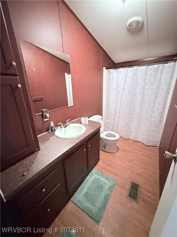 205 Lee Ordner, Panama, OK 74951 - bathroom with vanity, wood finished floors, visible vents, lofted ceiling, and a textured ceiling