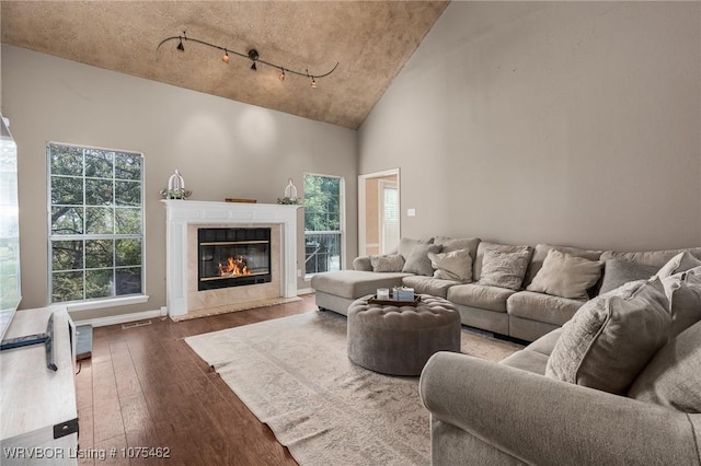 living room with dark hardwood / wood-style floors and track lighting