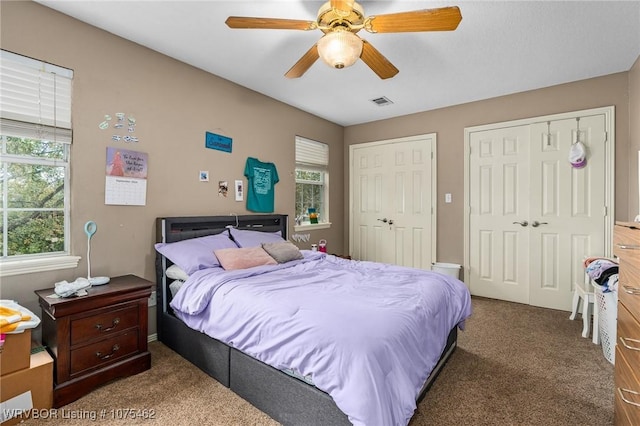 carpeted bedroom featuring ceiling fan, two closets, and multiple windows