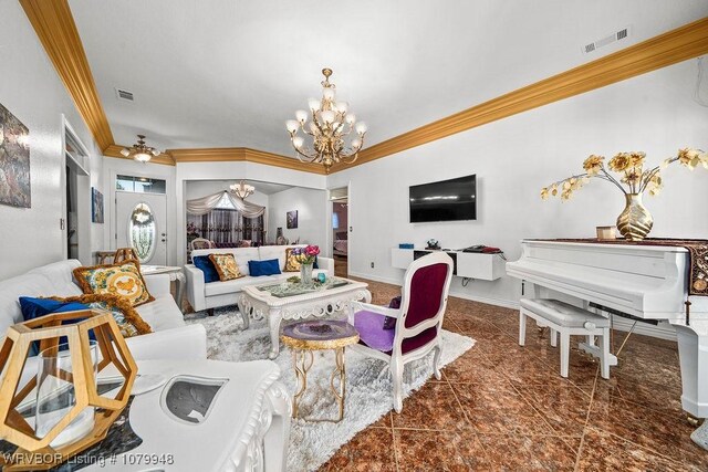 6408 Southfield Dr, Fort Smith, AR 72916 - living area featuring crown molding, baseboards, visible vents, and a notable chandelier