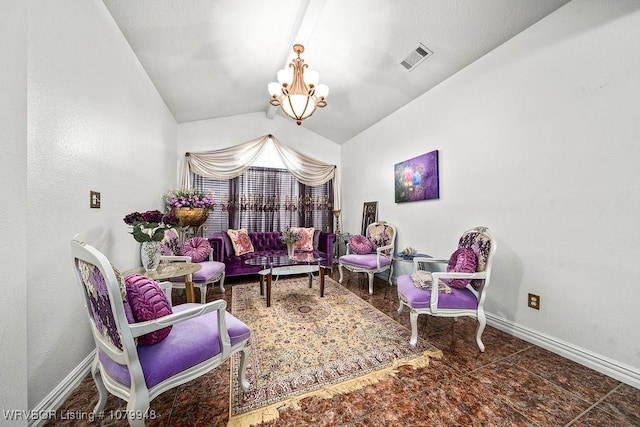 6408 Southfield Dr, Fort Smith, AR 72916 - living room featuring lofted ceiling, baseboards, a chandelier, and visible vents