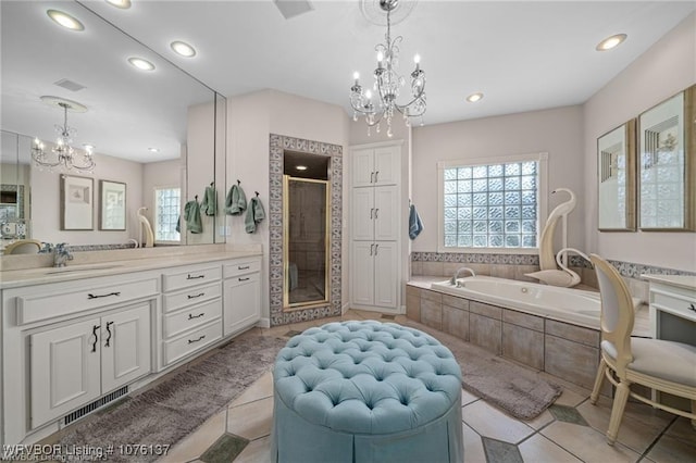 10408 Innsbruck Ct, Fort Smith, AR 72908 - bathroom with tile patterned floors, plus walk in shower, and an inviting chandelier