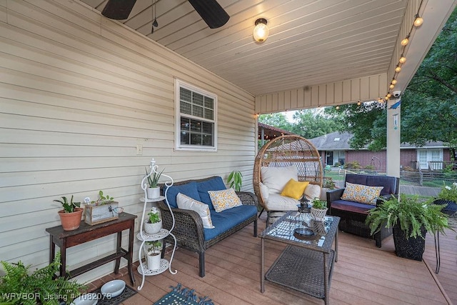 1804 Weeks Ln, Fort Smith, AR 72903 - wooden terrace with outdoor lounge area and ceiling fan