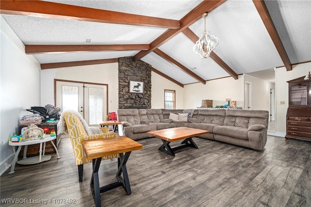 living room featuring a textured ceiling, dark hardwood / wood-style flooring, french doors, an inviting chandelier, and vaulted ceiling with beams