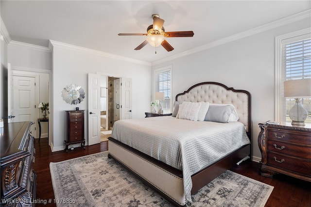 bedroom with ensuite bath, ceiling fan, dark wood-type flooring, and crown molding