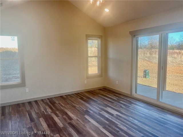 unfurnished room featuring a wealth of natural light, dark wood-type flooring, and lofted ceiling