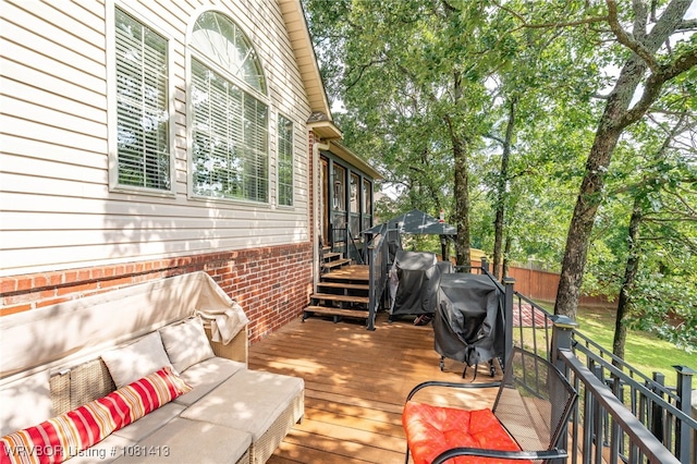 2110 Parkway Cir, Van Buren, AR 72956 - wooden deck featuring stairway, outdoor lounge area, and a grill