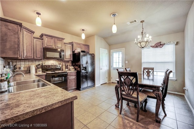 2005 Scarlet Oak Dr, Van Buren, AR 72956 - kitchen with black appliances, a sink, backsplash, a chandelier, and pendant lighting