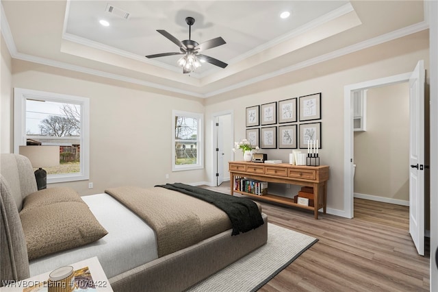 3115 Spradling Ave, Fort Smith, AR 72904 - bedroom with a raised ceiling, light wood-type flooring, crown molding, recessed lighting, and ceiling fan