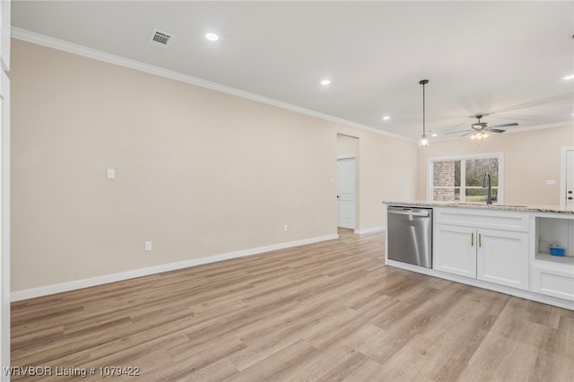 3115 Spradling Ave, Fort Smith, AR 72904 - kitchen featuring dishwasher, recessed lighting, crown molding, light wood-type flooring, and white cabinets