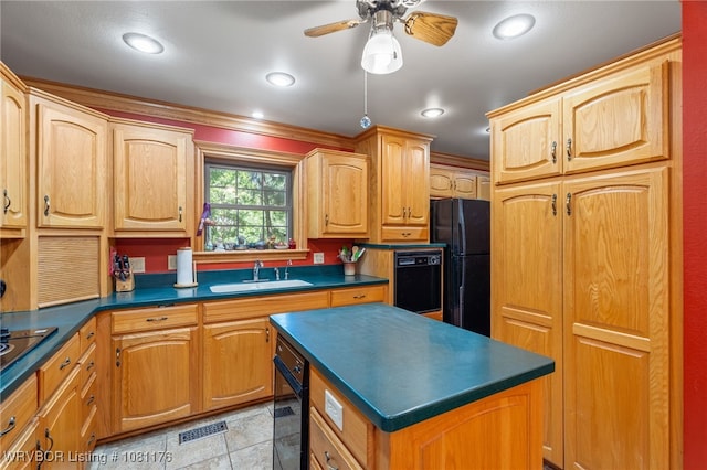 10519 Meandering Ct, Fort Smith, AR 72903 - kitchen with black appliances, dark countertops, a sink, ceiling fan, and a center island