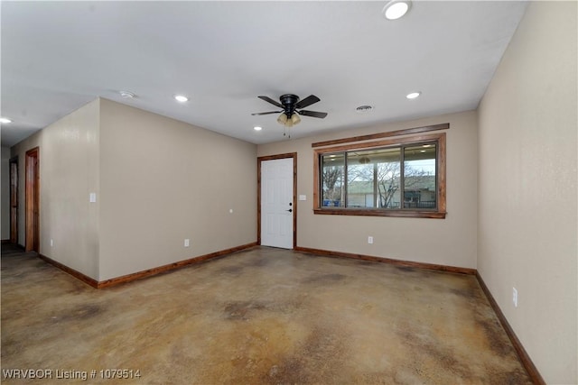 interior space featuring recessed lighting, baseboards, concrete floors, and a ceiling fan