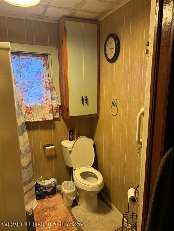 bathroom with wood walls and toilet