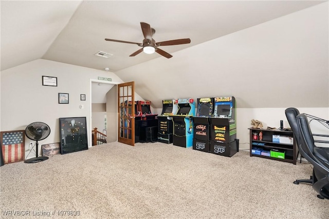 298 Bayou Rd, Fort Gibson, OK 74434 - office featuring carpet flooring, visible vents, lofted ceiling, and ceiling fan