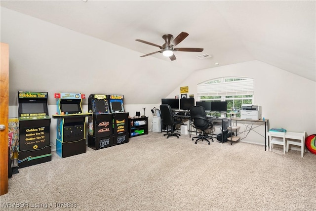 298 Bayou Rd, Fort Gibson, OK 74434 - home office featuring carpet flooring, visible vents, vaulted ceiling, and a ceiling fan