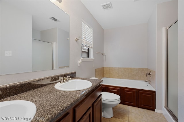 full bath with visible vents, a sink, tile patterned flooring, a shower stall, and a bath