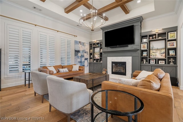 8801 Rombauer Pt, Fort Smith, AR 72916 - living room featuring visible vents, coffered ceiling, a fireplace, light wood-type flooring, and a chandelier