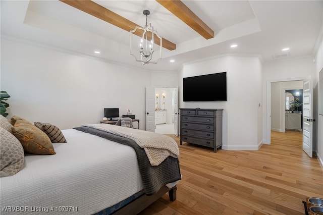 8801 Rombauer Pt, Fort Smith, AR 72916 - bedroom featuring beam ceiling, light wood-style flooring, recessed lighting, crown molding, and baseboards