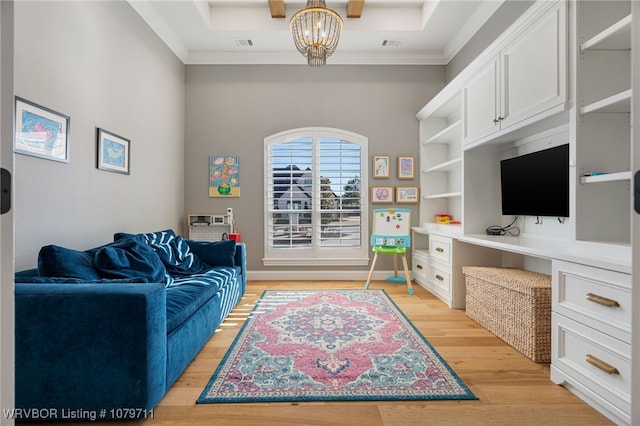 8801 Rombauer Pt, Fort Smith, AR 72916 - living room with a chandelier, visible vents, light wood-style flooring, and ornamental molding