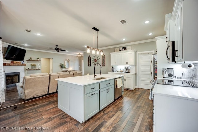 2803 Turtle Creek Dr, Lavaca, AR 72941 - kitchen featuring a sink, ornamental molding, stainless steel appliances, a fireplace, and white cabinets