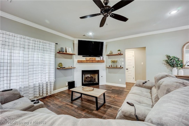 2803 Turtle Creek Dr, Lavaca, AR 72941 - living room featuring ornamental molding, wood finished floors, ceiling fan, baseboards, and a large fireplace