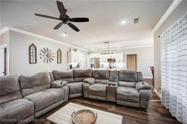2803 Turtle Creek Dr, Lavaca, AR 72941 - living room featuring recessed lighting, dark wood-type flooring, ceiling fan, baseboards, and ornamental molding