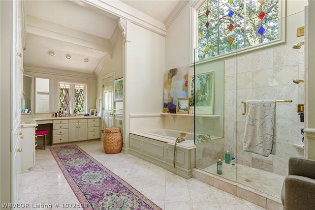 bathroom with vanity, ornamental molding, shower with separate bathtub, and high vaulted ceiling