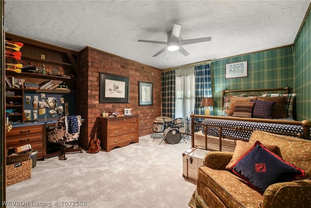 bedroom with ceiling fan and light colored carpet