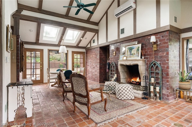 interior space with lofted ceiling with skylight, a wall mounted AC, and ceiling fan