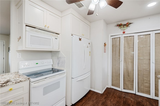 kitchen featuring white cabinetry, ceiling fan, light stone counters, dark hardwood / wood-style flooring, and white appliances