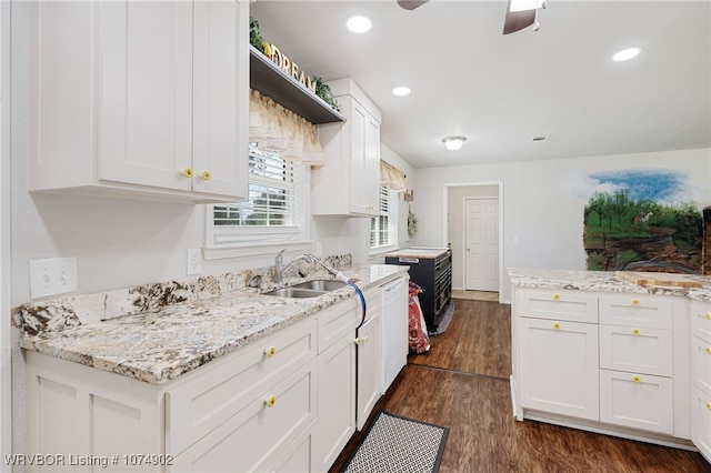 kitchen with dark hardwood / wood-style flooring, white dishwasher, white cabinetry, and sink