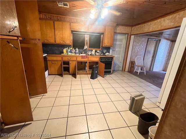 kitchen with wood ceiling, ceiling fan, dishwasher, and light tile patterned floors