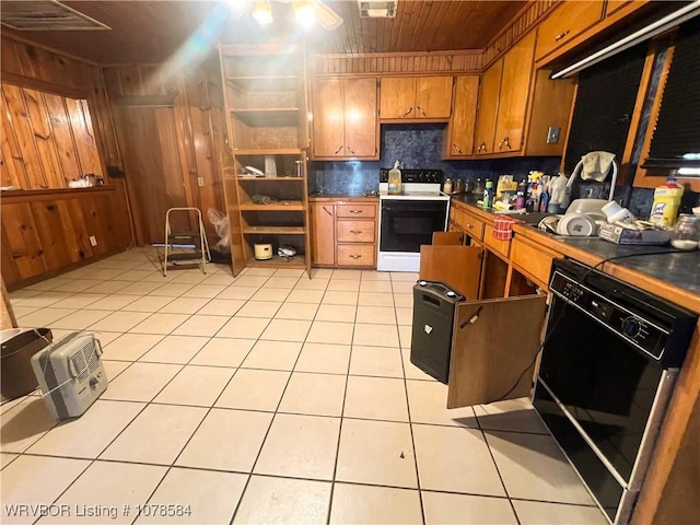 kitchen featuring light tile patterned flooring, wooden walls, dishwasher, electric range, and wood ceiling