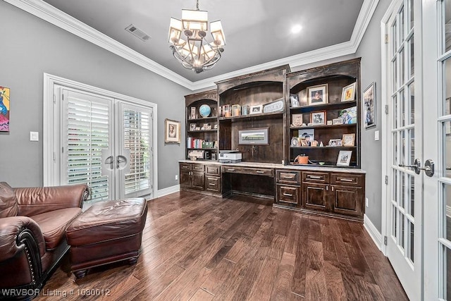 8200 Mile Tree Dr, Fort Smith, AR 72903 - office space with dark wood finished floors, visible vents, a chandelier, built in desk, and french doors