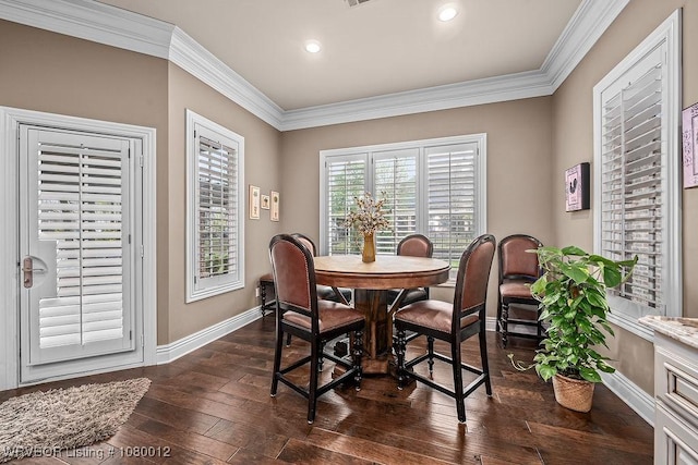 8200 Mile Tree Dr, Fort Smith, AR 72903 - dining space featuring ornamental molding, baseboards, dark wood finished floors, and recessed lighting
