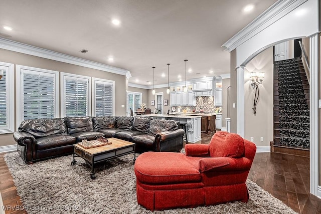 8200 Mile Tree Dr, Fort Smith, AR 72903 - living room with ornamental molding, baseboards, recessed lighting, and dark wood-style floors