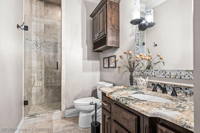 8200 Mile Tree Dr, Fort Smith, AR 72903 - bathroom featuring crown molding, toilet, a shower stall, and vanity