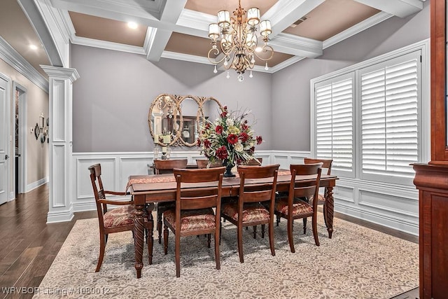 8200 Mile Tree Dr, Fort Smith, AR 72903 - dining area with a chandelier, visible vents, beam ceiling, coffered ceiling, and wood finished floors
