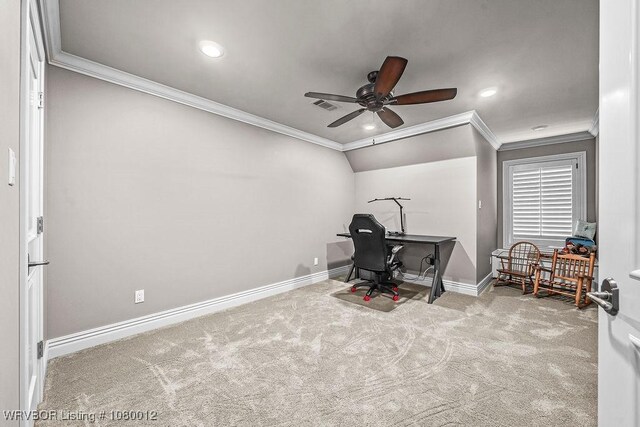 8200 Mile Tree Dr, Fort Smith, AR 72903 - office area featuring carpet flooring, visible vents, a ceiling fan, and crown molding