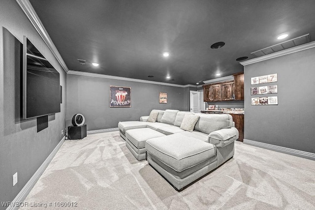 8200 Mile Tree Dr, Fort Smith, AR 72903 - home theater room with light colored carpet, baseboards, ornamental molding, and recessed lighting