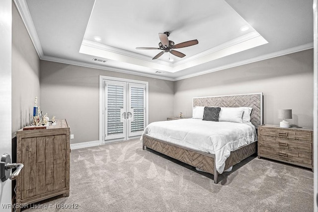 8200 Mile Tree Dr, Fort Smith, AR 72903 - carpeted bedroom featuring visible vents, baseboards, a raised ceiling, ornamental molding, and access to outside
