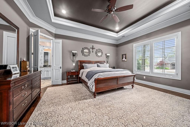 8200 Mile Tree Dr, Fort Smith, AR 72903 - bedroom featuring dark wood-type flooring, baseboards, crown molding, and a raised ceiling