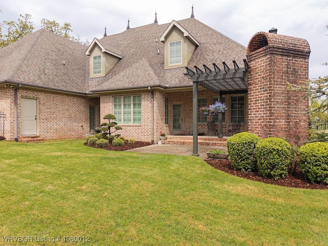 8200 Mile Tree Dr, Fort Smith, AR 72903 - view of front facade with a patio, roof with shingles, a pergola, a front yard, and brick siding