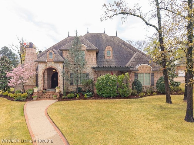 8200 Mile Tree Dr, Fort Smith, AR 72903 - french provincial home featuring a chimney, a front lawn, and brick siding