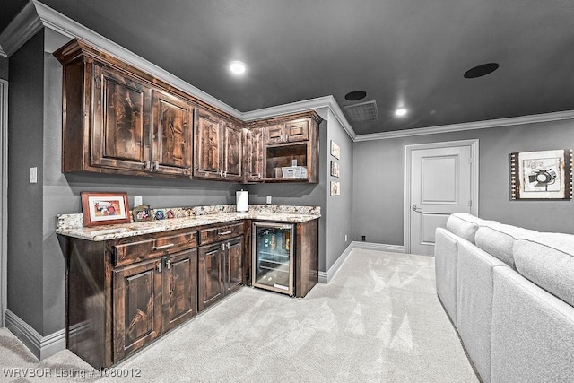 8200 Mile Tree Dr, Fort Smith, AR 72903 - bar featuring bar area, light colored carpet, crown molding, and wine cooler