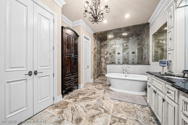 8200 Mile Tree Dr, Fort Smith, AR 72903 - bathroom with crown molding, a soaking tub, tiled shower, and vanity